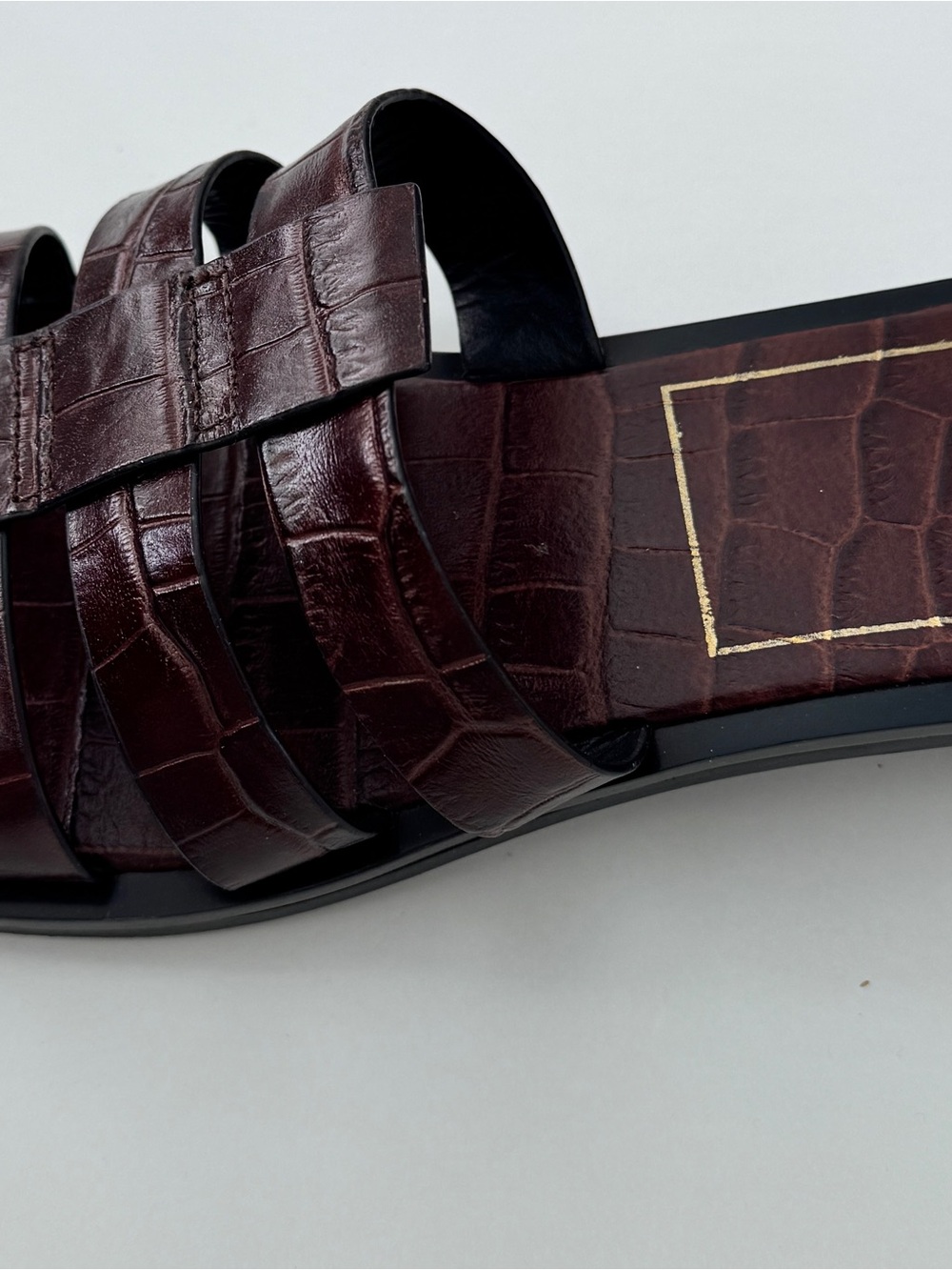 Women’s Croc-Embossed Leather Slide Sandals in Dark Brown